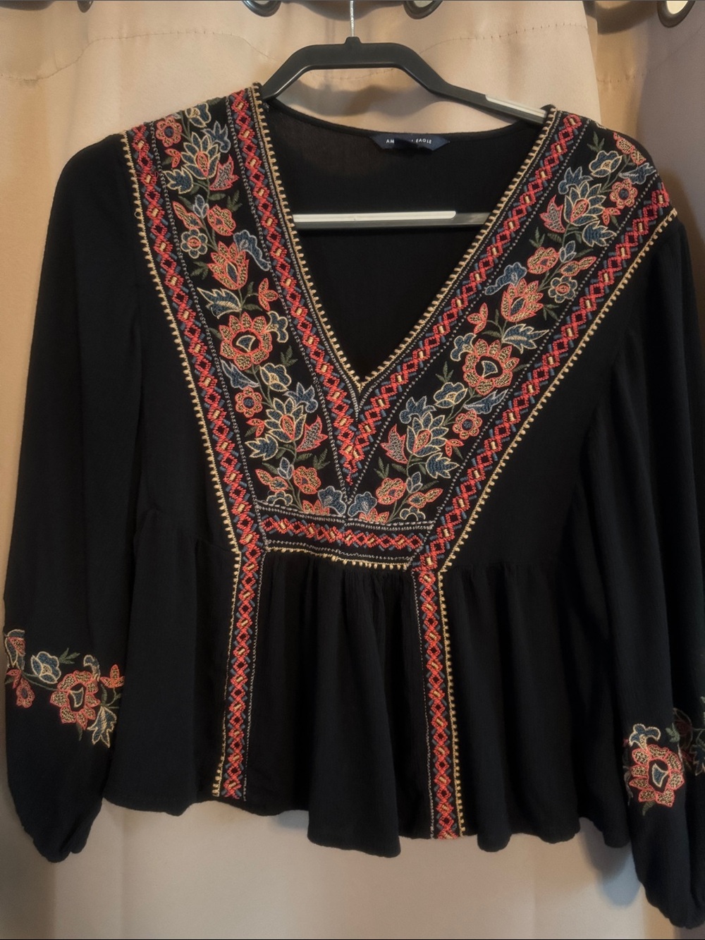 Embroidered V-Neck Peasant Top - Black with Red Floral Embroidery